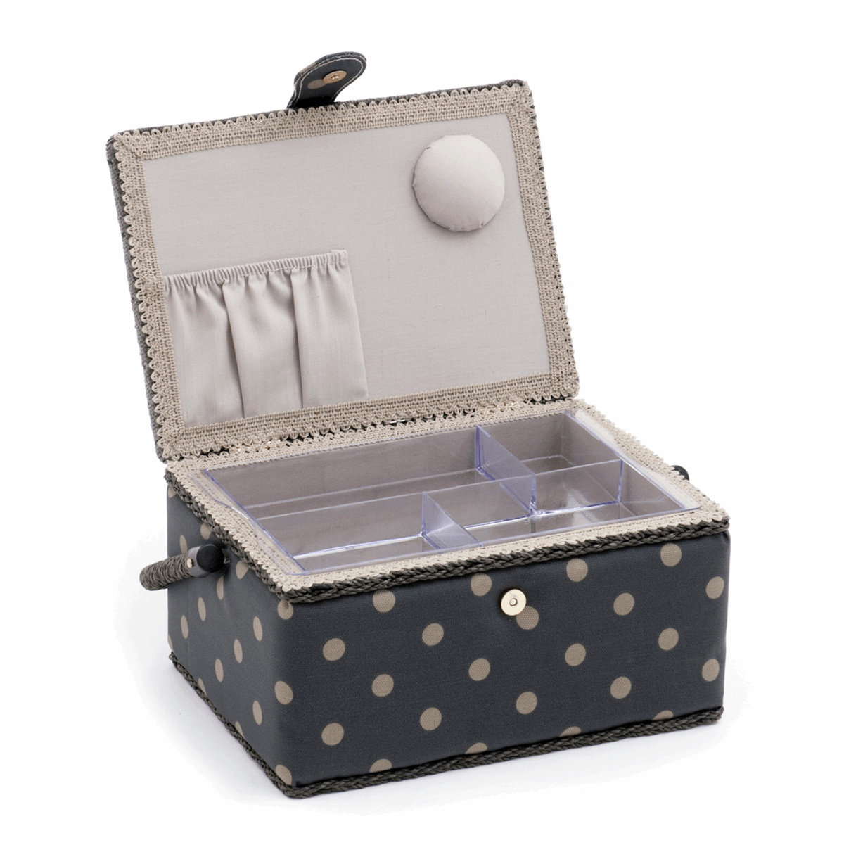 Charcoal Polka Dot Sewing Box - Medium (Matt PVC)