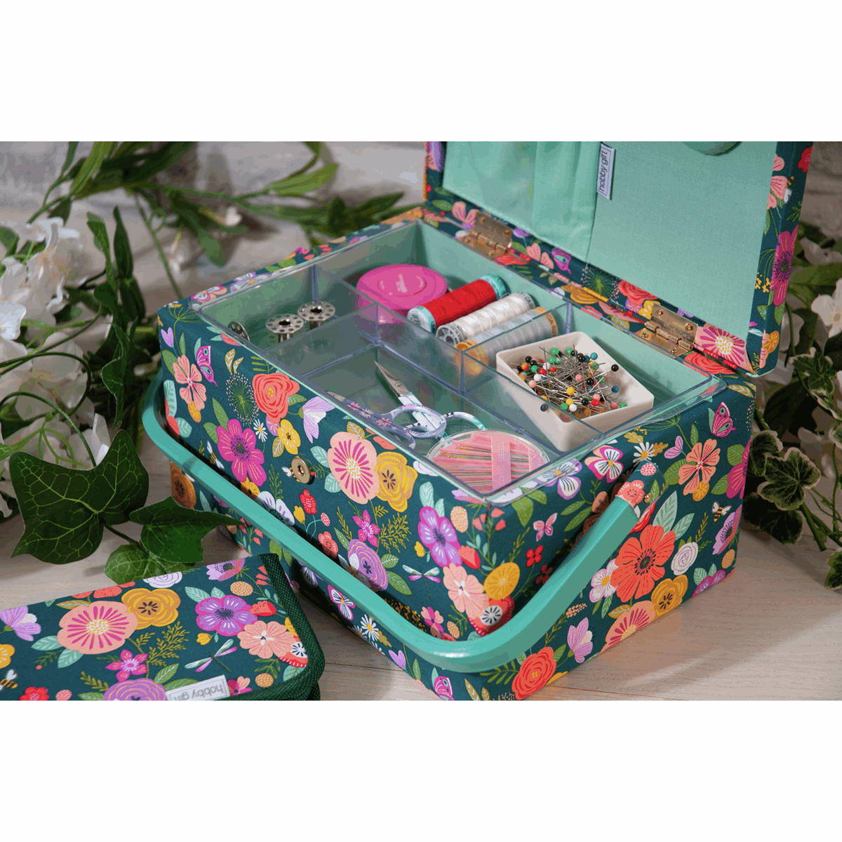 Teal Floral Garden Sewing Box - Medium