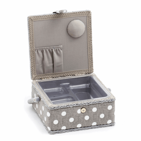 Grey Linen Polka Dot Sewing Box - Small