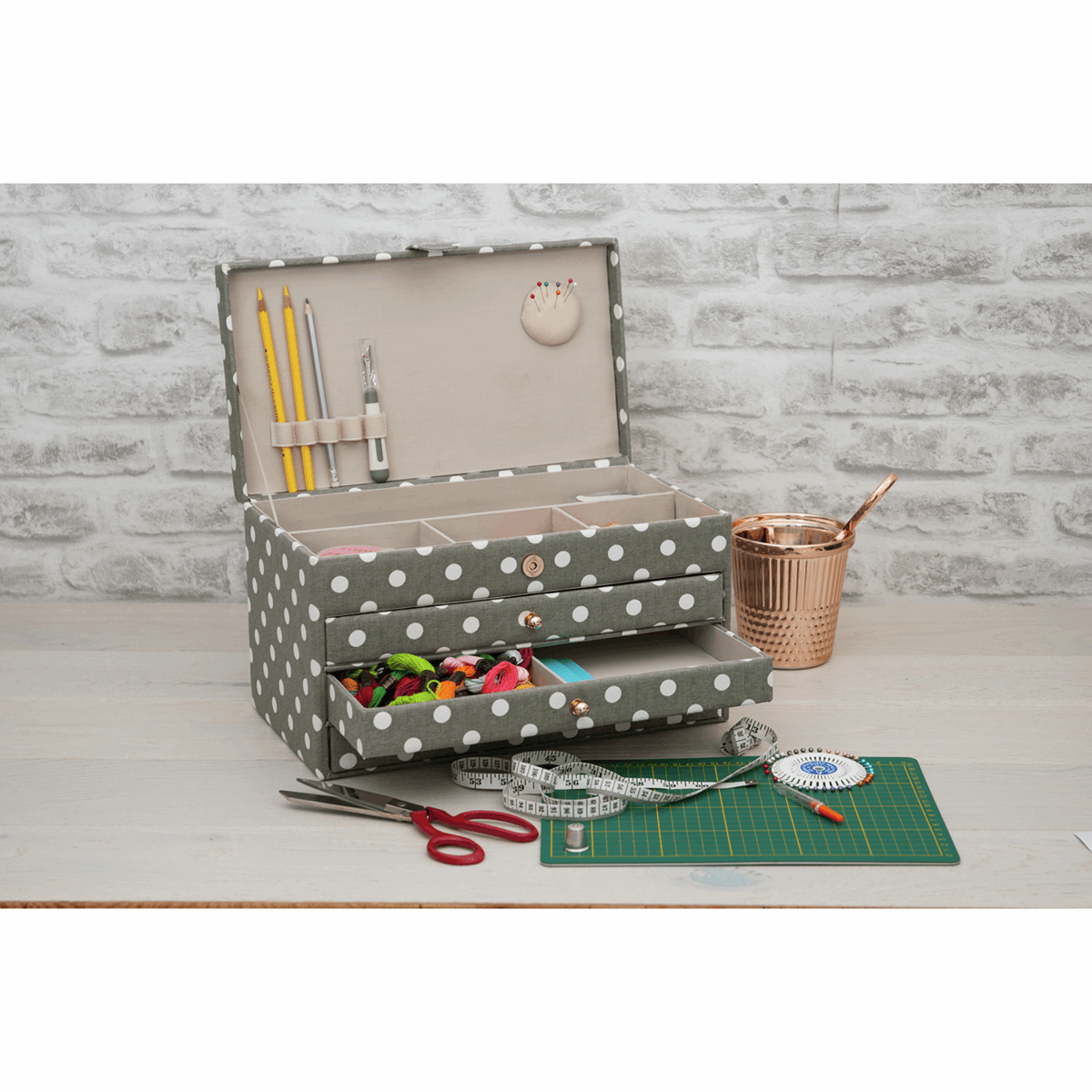 Grey Linen Polka Dot Sewing Box - 3 Drawers XLarge