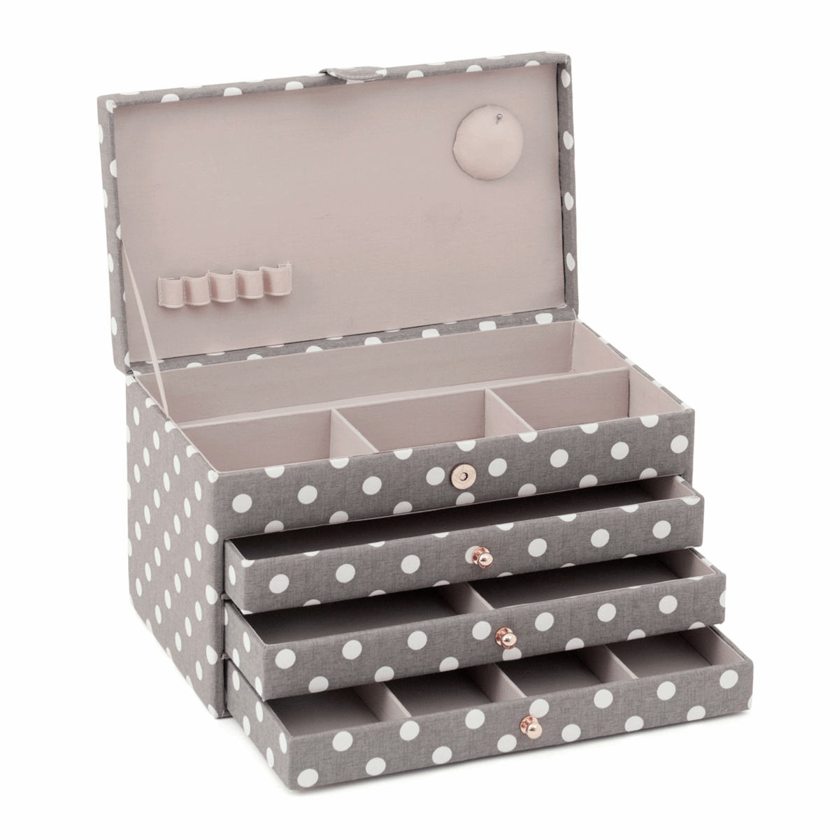 Grey Linen Polka Dot Sewing Box - 3 Drawers XLarge