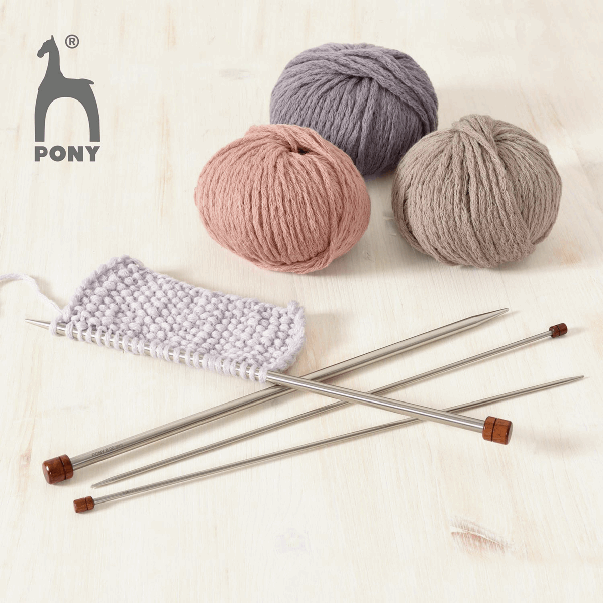 PONY 'Elan' Single-Ended Stainless Steel Knitting Pins with Rosewood Knob - 35cm x 8.00mm