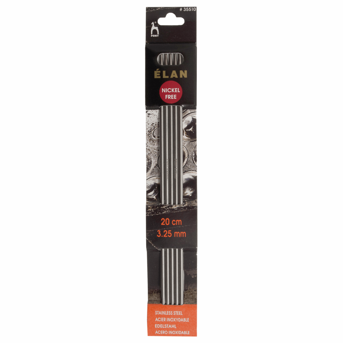 PONY 'Elan' Double-Ended Stainless Steel Knitting Pins - 20cm x 3.25mm (Set of 5)