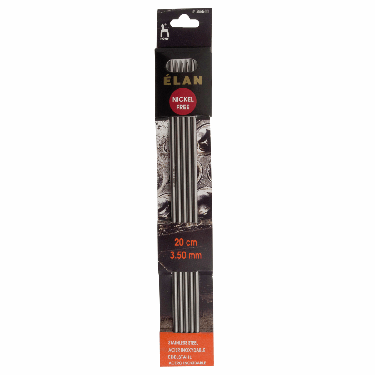 PONY 'Elan' Double-Ended Stainless Steel Knitting Pins - 20cm x 3.50mm (Set of 5)