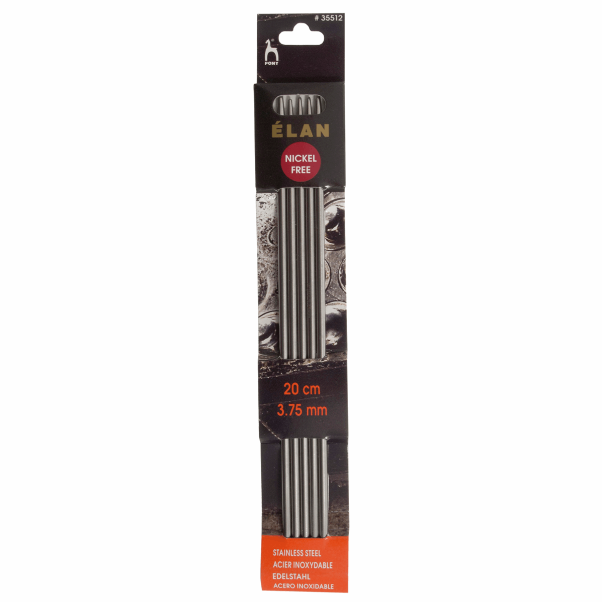 PONY 'Elan' Double-Ended Stainless Steel Knitting Pins - 20cm x 3.75mm (Set of 5)