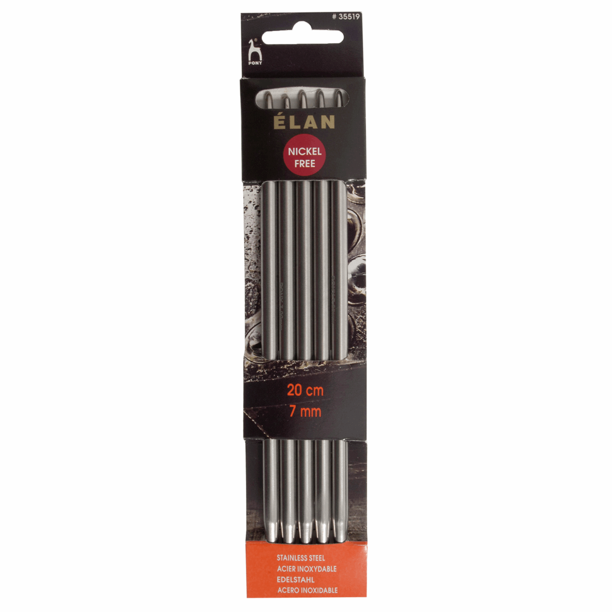 PONY 'Elan' Double-Ended Stainless Steel Knitting Pins (Set of 5) - 20cm x 7.00mm