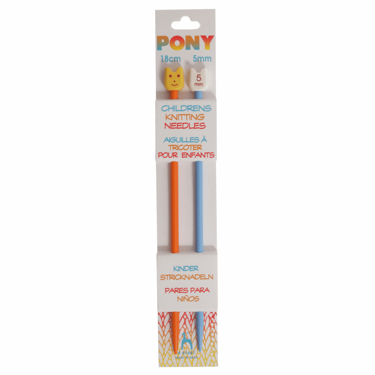 PONY Children's Coloured Plastic Single-Ended Knitting Pins - 18cm x 5mm (Orange/Blue)