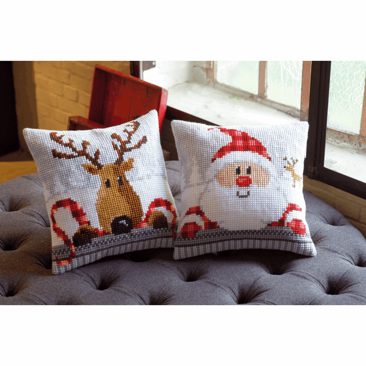 Cross Stitch Cushion Kit - Santa in a Plaid Hat