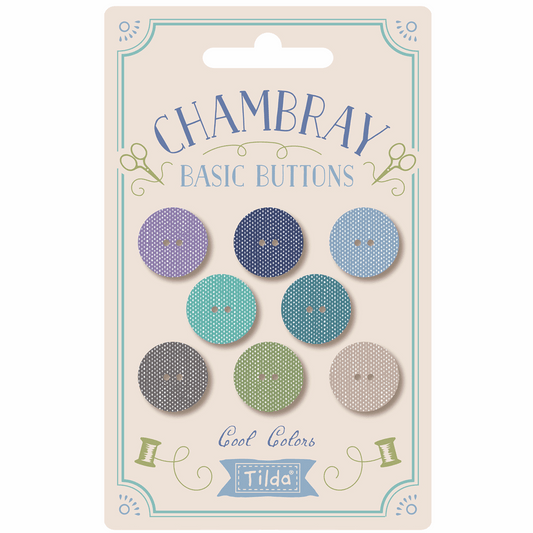 Tilda Chambray Fabric Buttons - Cool Colours 16mm (Pack of 8)