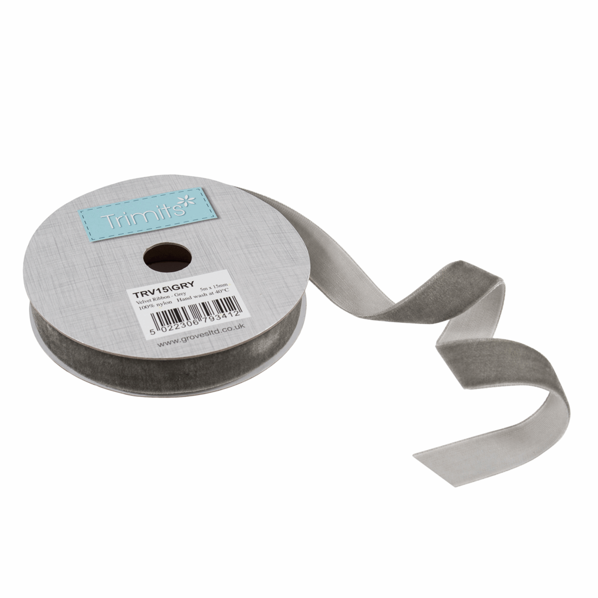Trimits Grey Velvet Ribbon - 5m x 15mm
