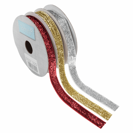 Red, Silver & Gold Glitter Velvet Ribbon Bundle - 2m x 10mm
