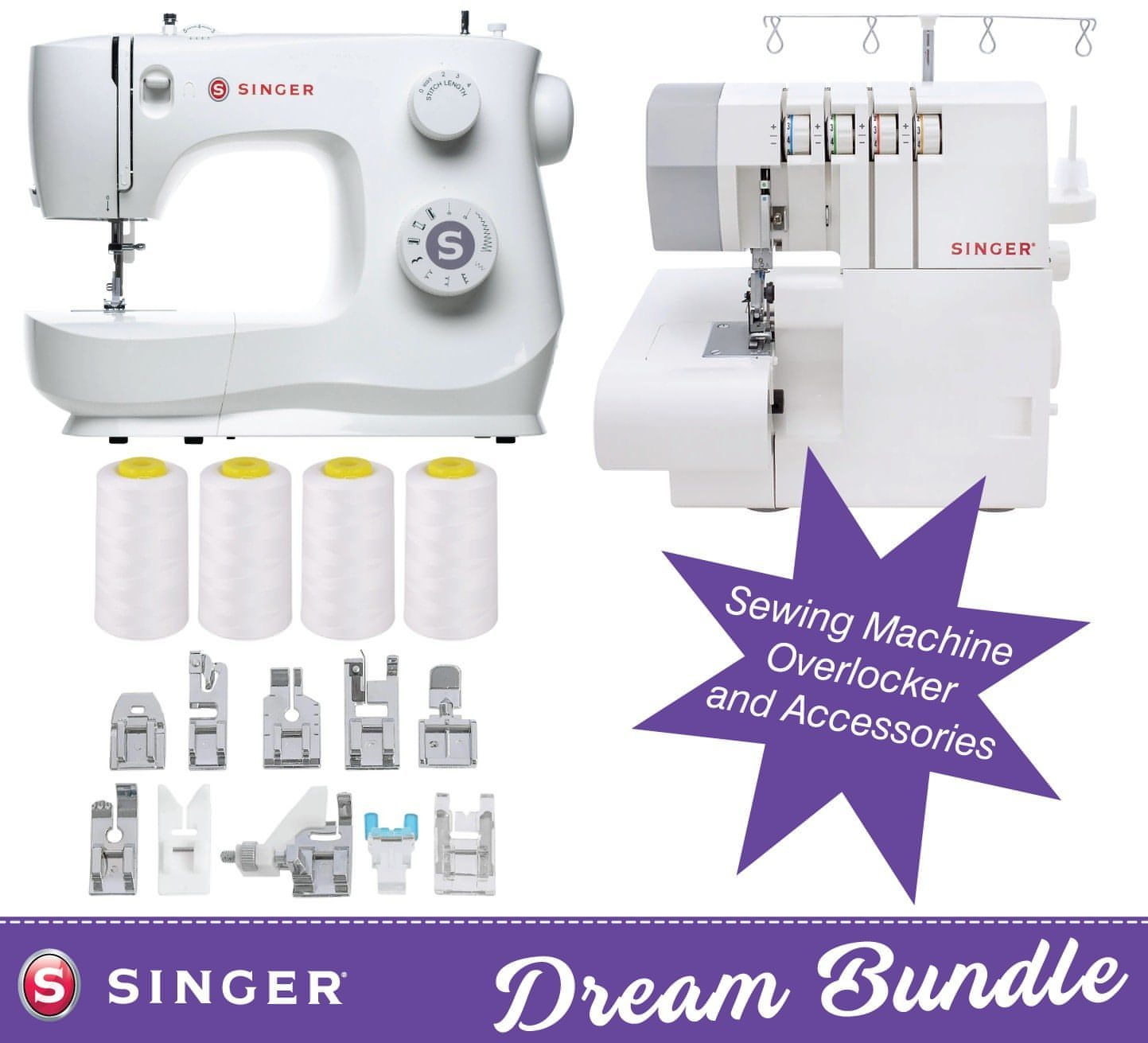 Singer Dream Bundle - M24 Sewing Machine + SE017 Overlocker + 4 x Overlocker Cones and 10 Sewing foot set