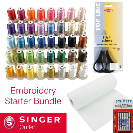 Embroidery Machine Starter Bundle - Embroidery Thread 40 colour x 500m set, Embroidery backing / stabiliser 25cm x 50y Roll, Embroidery scissor set and needles