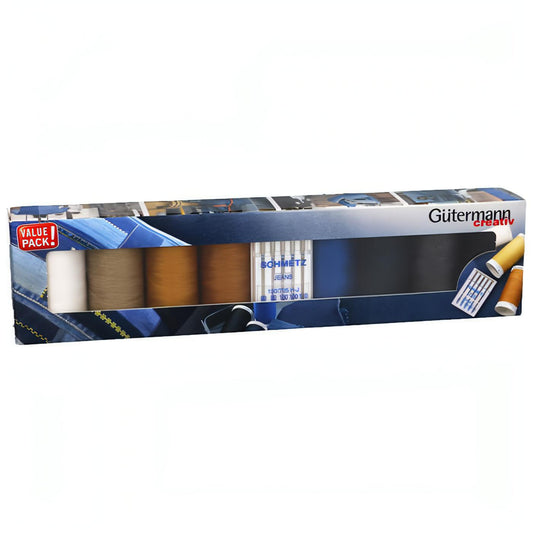 Gutermann creativ 8 x 100m strong thread for Denim + Assorted Jeans Needle Pack