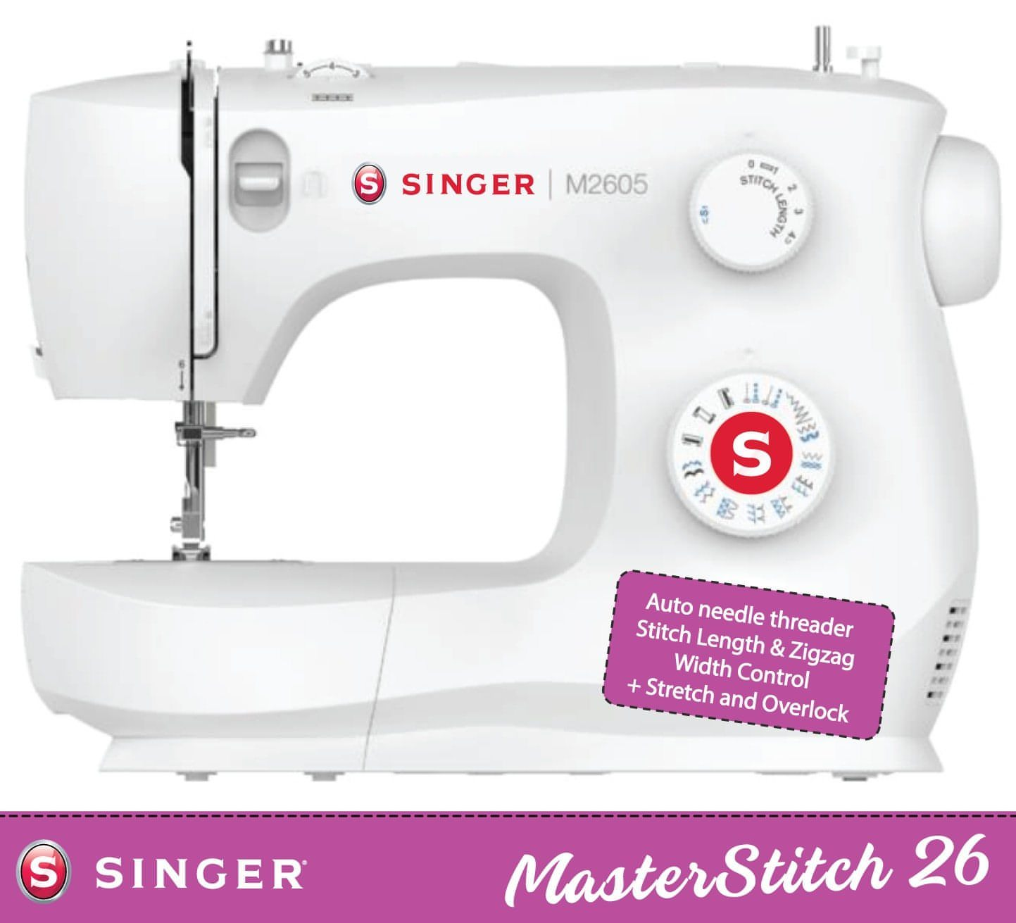 Singer M2605 Sewing Machine - 21 stitch patterns with stitch length and zig zag width control + auto needle threader﻿