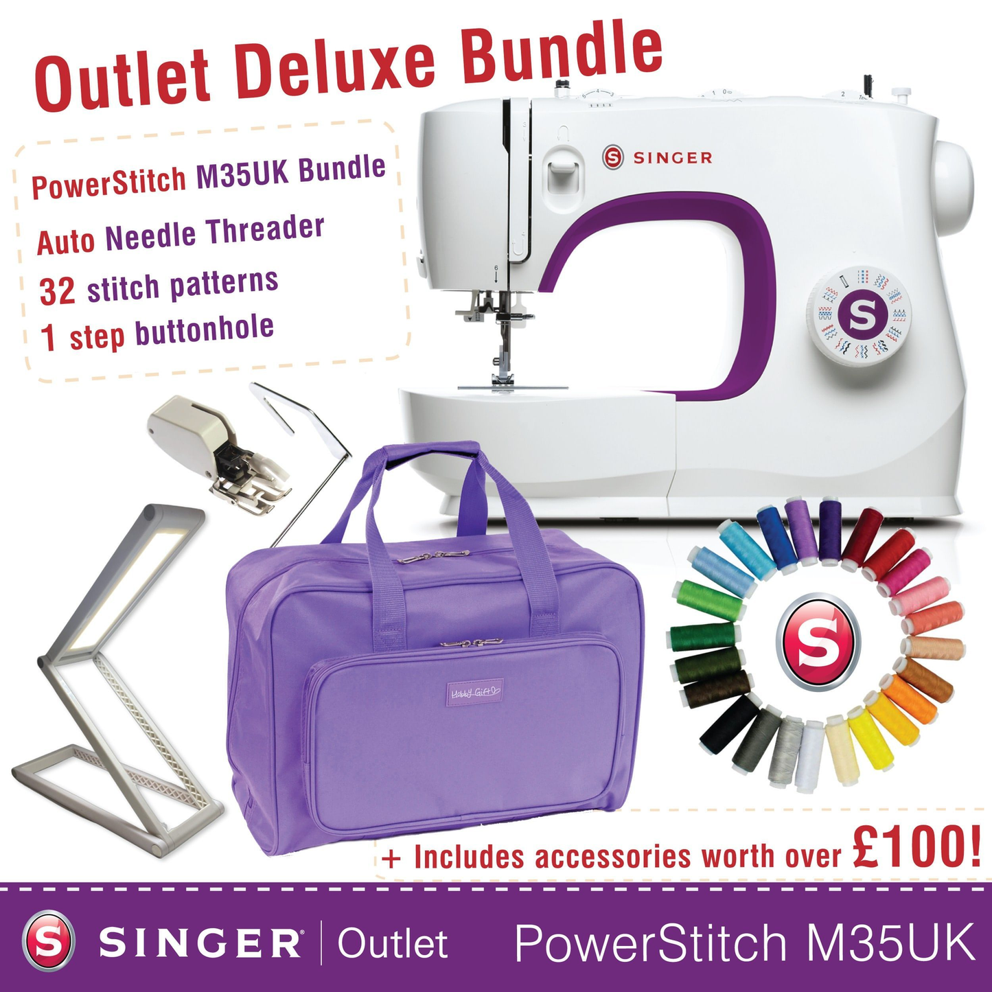Deluxe Bundle with Singer M35 Luxury Sewing Machine Bag, 24 x thread set, LED lamp, Walking Foot for heavy fabrics * save over £100 *