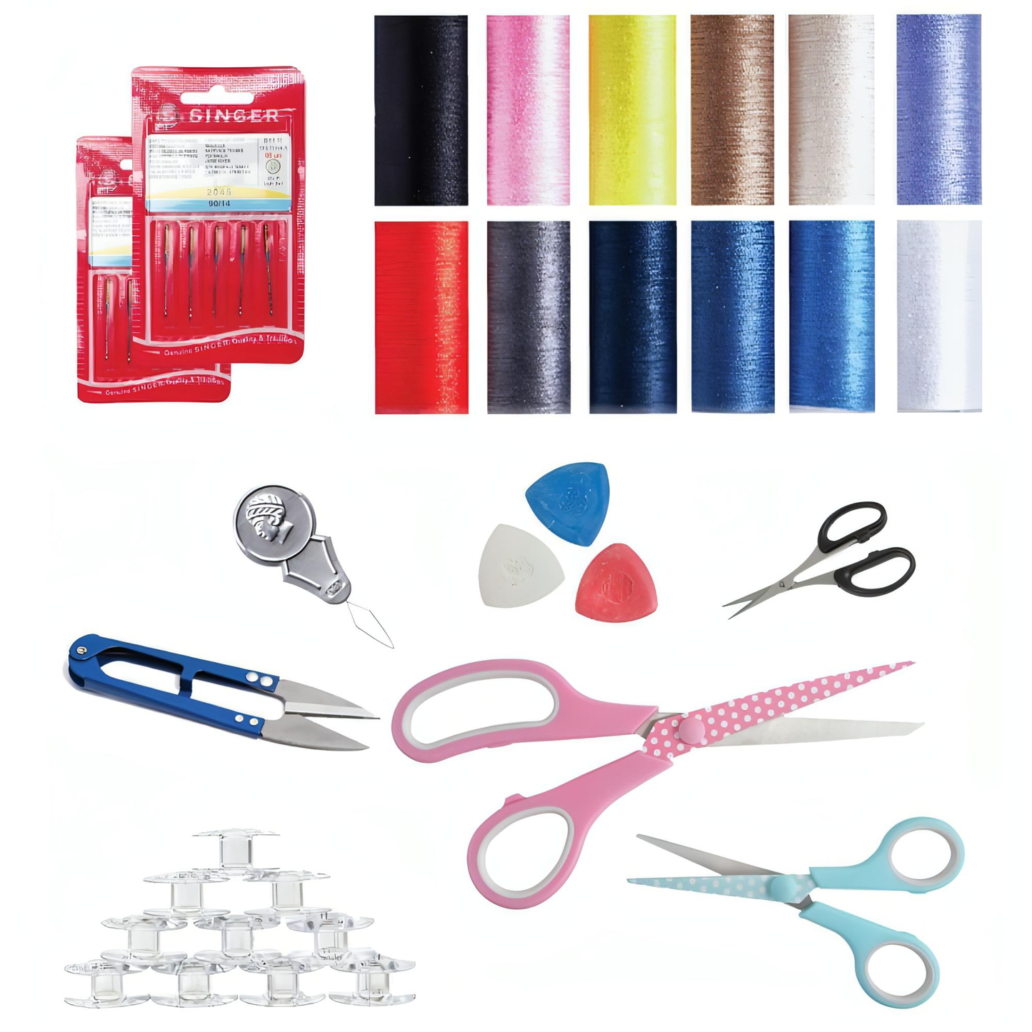 Sewing Sale Bundle Offer with 40 pieces - Thread Set, Scissor sets, Needle Pack, Bobbin Pack, Needle Threader, Thread cutter, Tailors chalk set