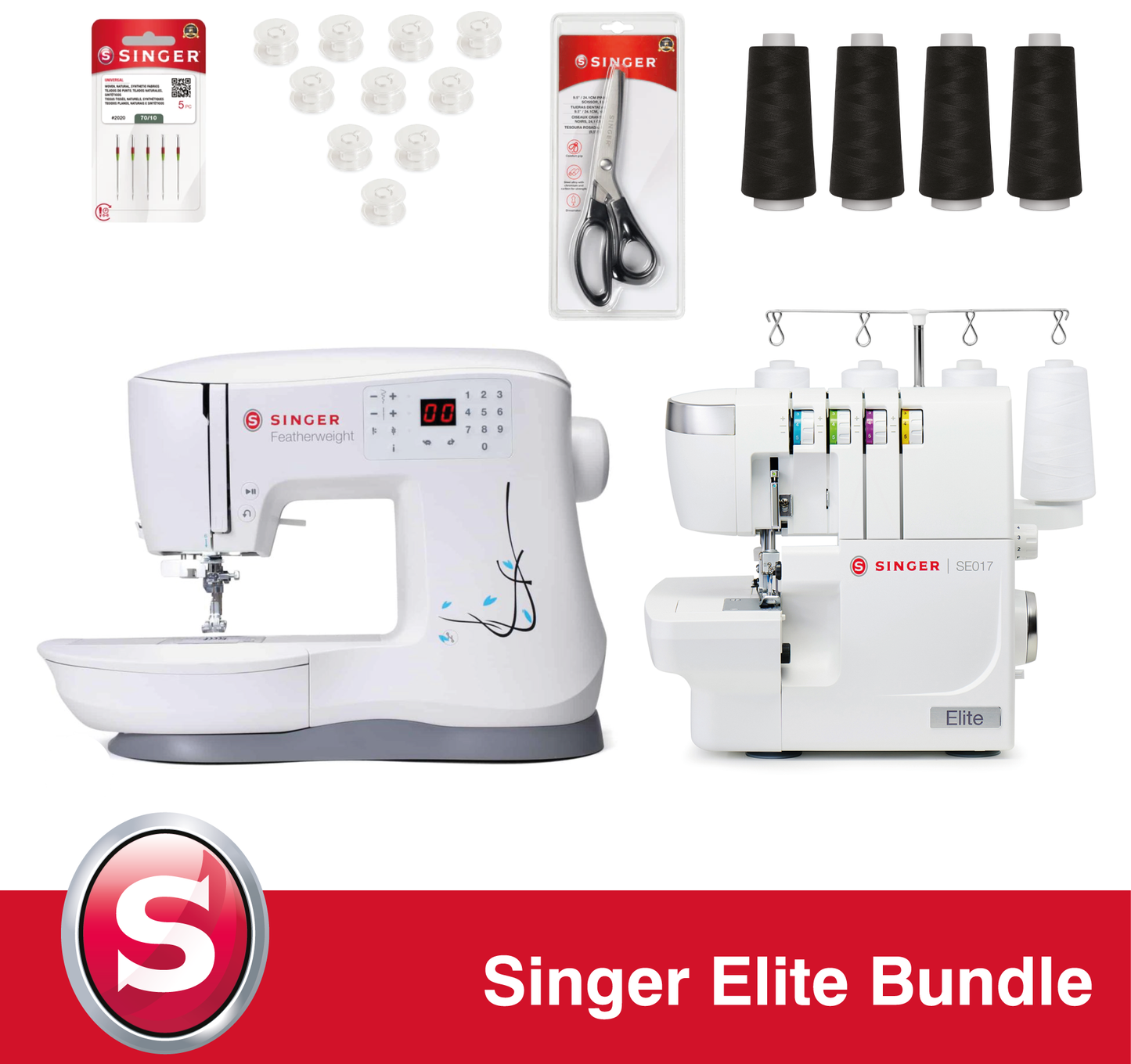 Singer Elite Bundle - Singer C240 Dual Feed Sewing Machine + Singer SE017 Elite Overlocker + Accessory Set