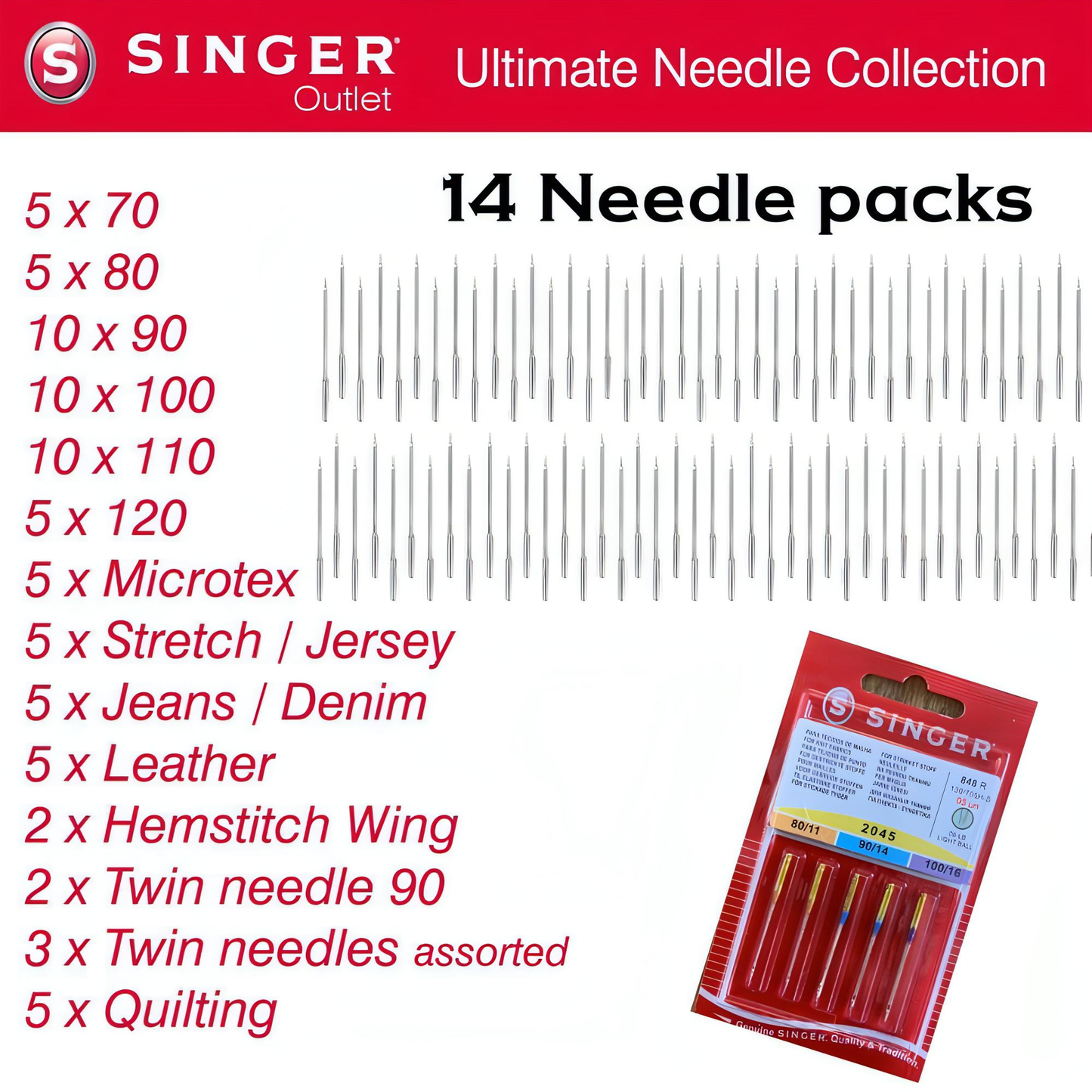 Ultimate Needle Collection by Singer Outlet -14 packs of Sewing Machine Needles (77 needles) - save over 50%